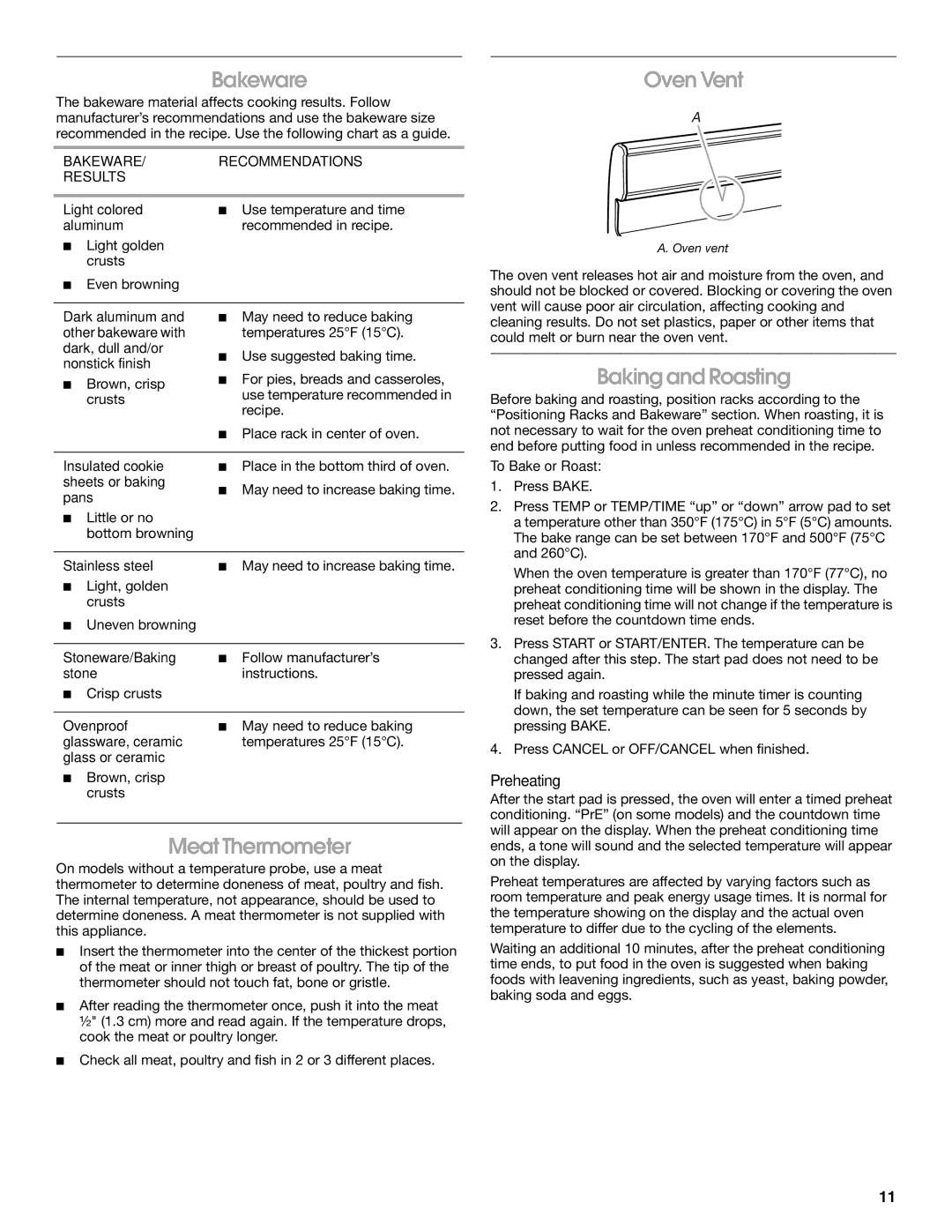 Whirlpool IGS365RS1 manual Bakeware, Oven Vent, Baking and Roasting, Meat Thermometer, Preheating 