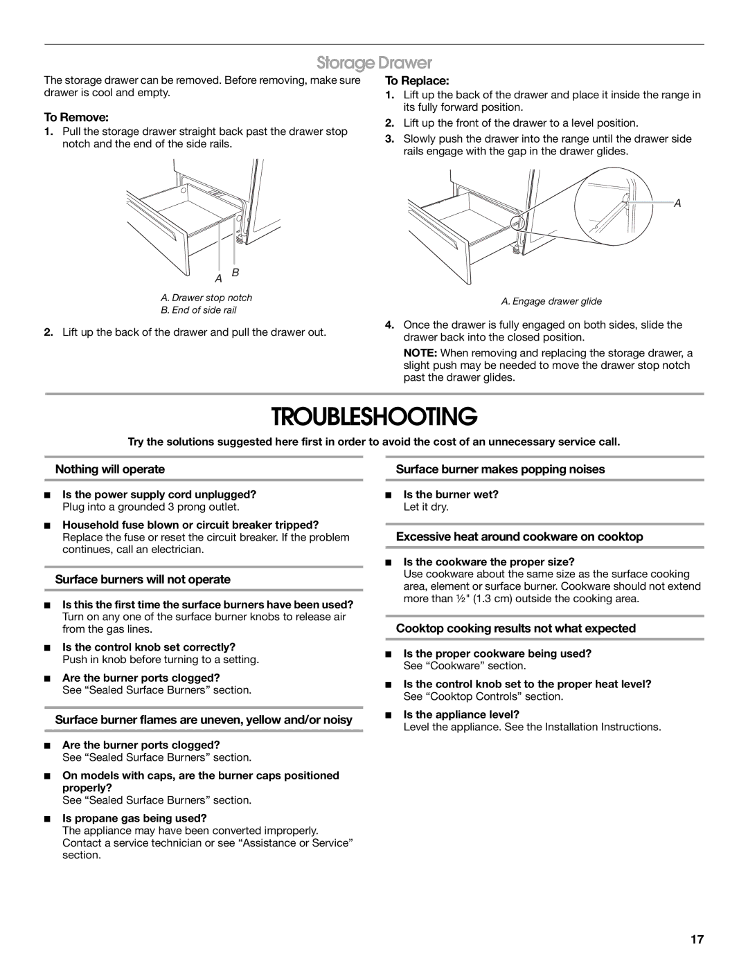 Whirlpool IGS365RS1 manual Troubleshooting, Storage Drawer 