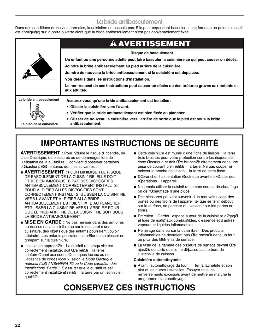 Whirlpool IGS365RS1 manual Importantes Instructions DE Sécurité, La bride antibasculement 