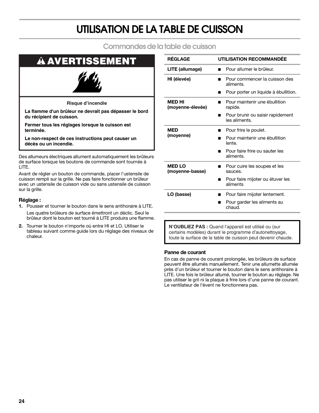 Whirlpool IGS365RS1 manual Utilisation DE LA Table DE Cuisson, Commandes de la table de cuisson, Réglage, Panne de courant 