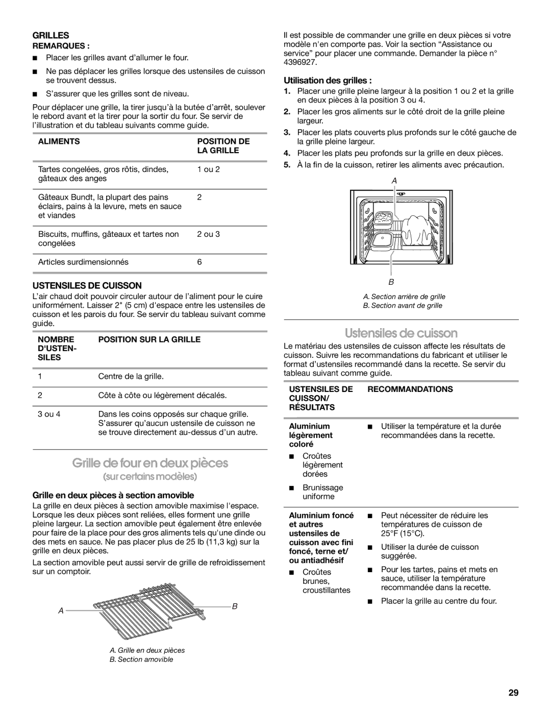 Whirlpool IGS365RS1 manual Grille de four en deux pièces, Grilles, Ustensiles DE Cuisson, Utilisation des grilles 