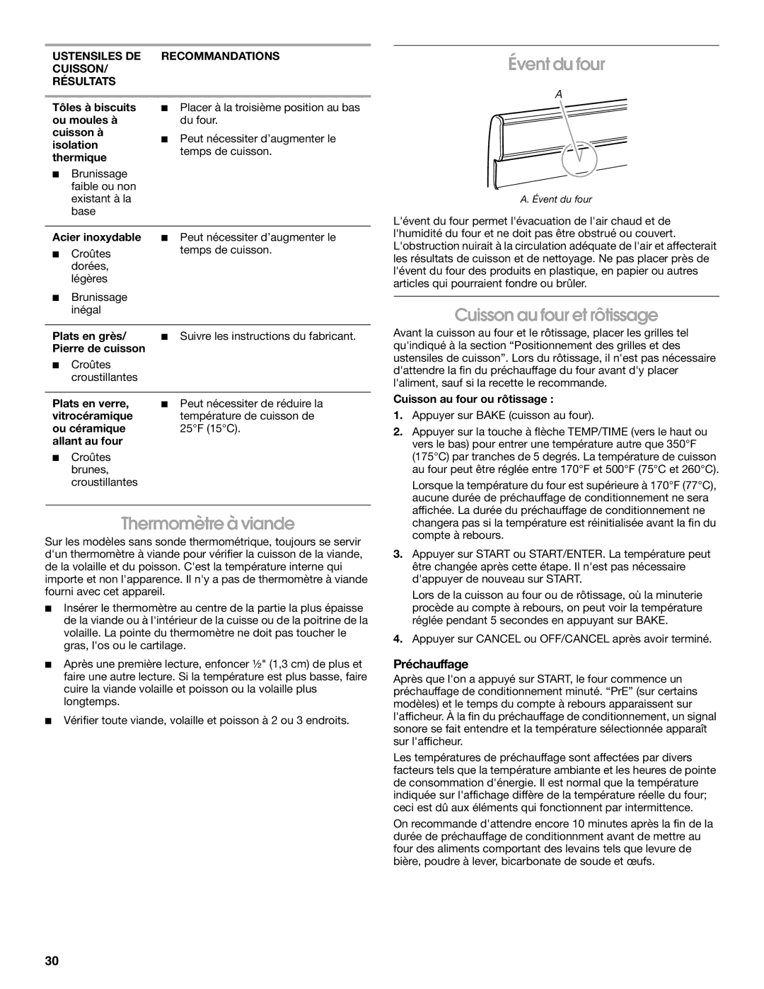 Whirlpool IGS365RS1 manual Évent du four, Thermomètre à viande, Cuisson au four et rôtissage, Préchauffage 