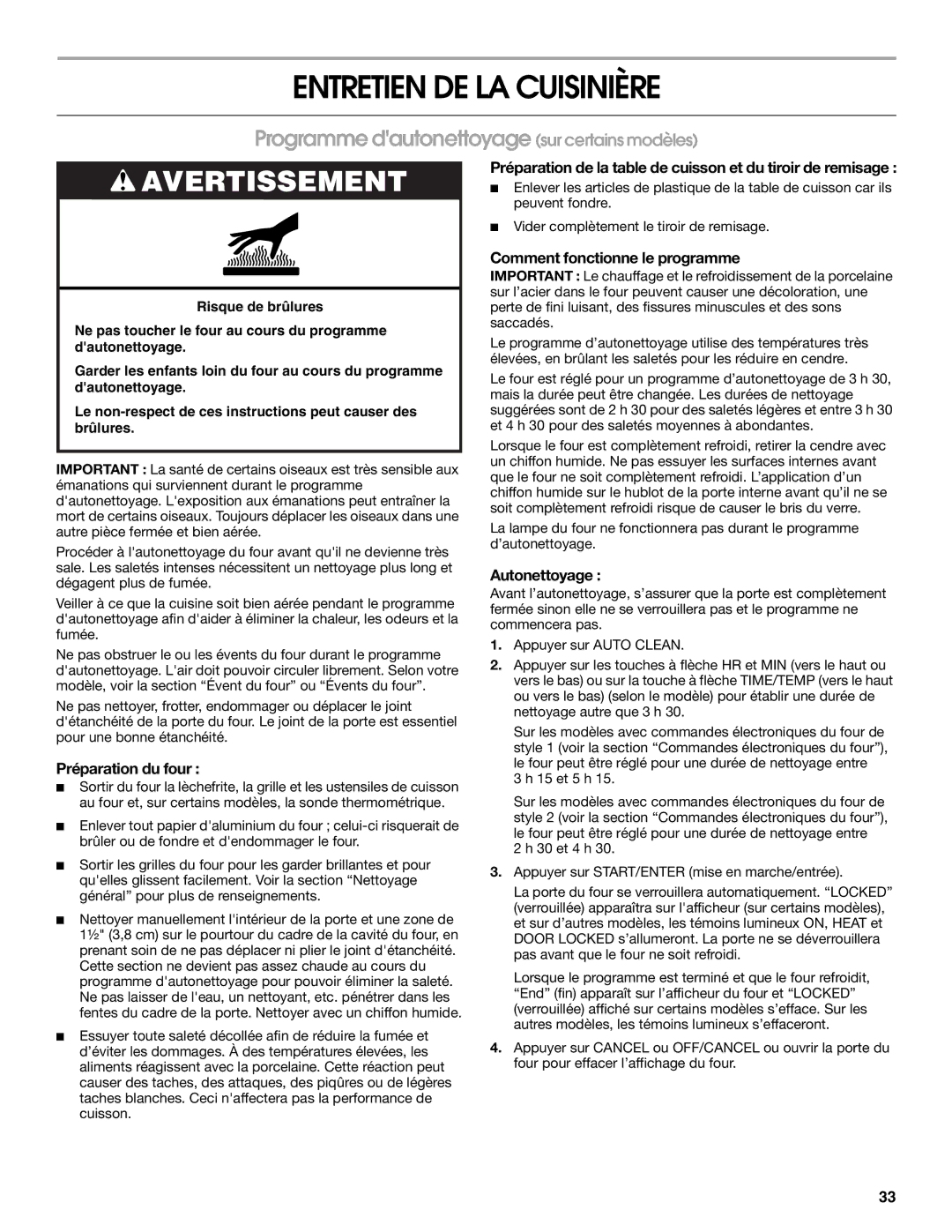 Whirlpool IGS365RS1 manual Entretien DE LA Cuisinière, Programme dautonettoyage sur certains modèles 