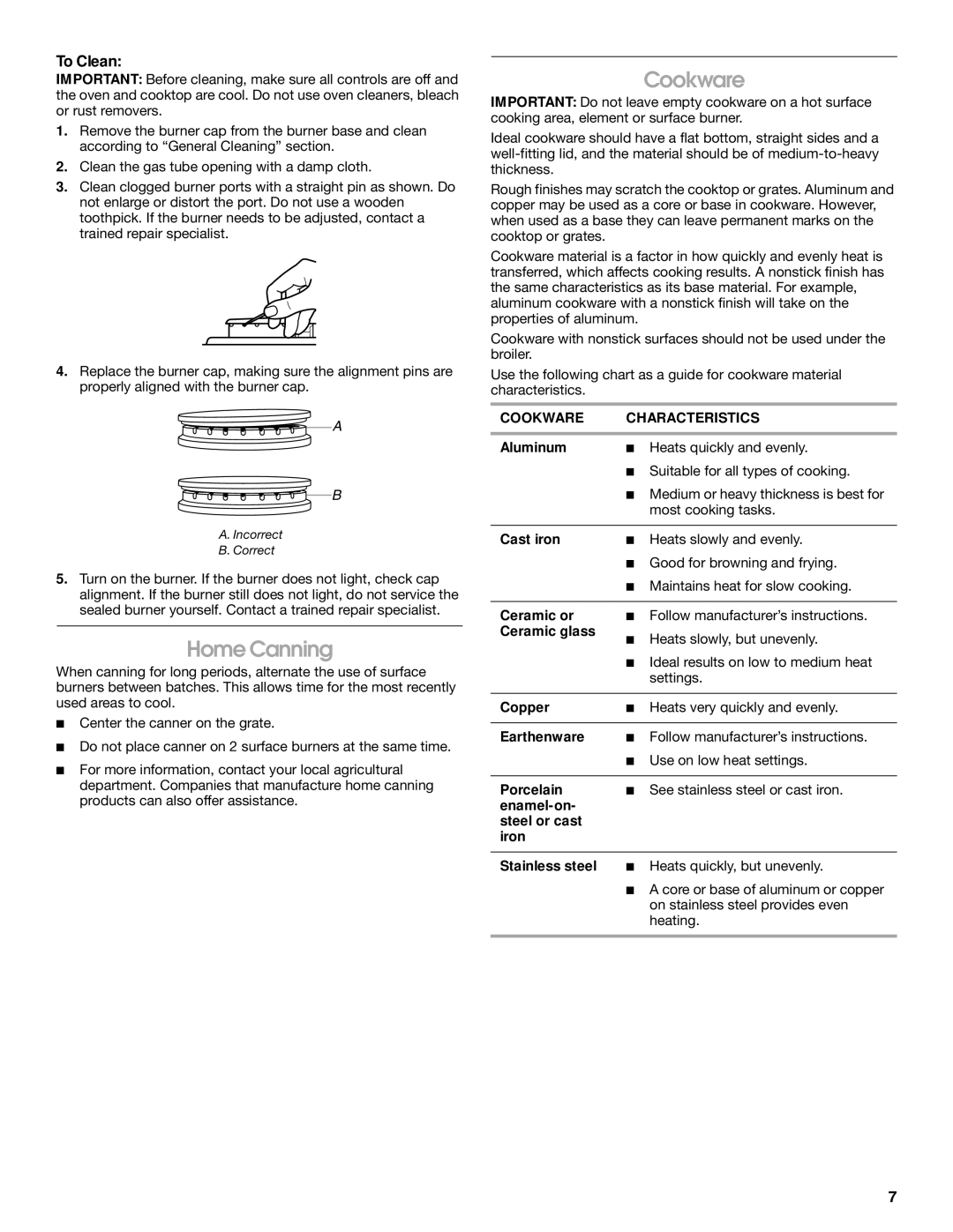 Whirlpool IGS365RS1 manual Home Canning, To Clean, Cookware Characteristics 