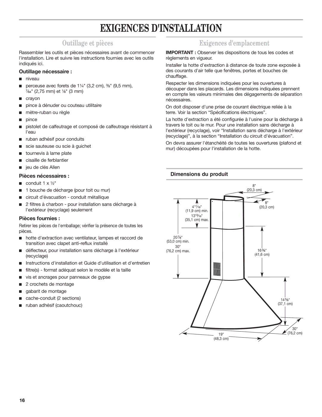 Whirlpool IH7302RS0 Exigences Dinstallation, Outillage et pièces, Exigences demplacement, Dimensions du produit 