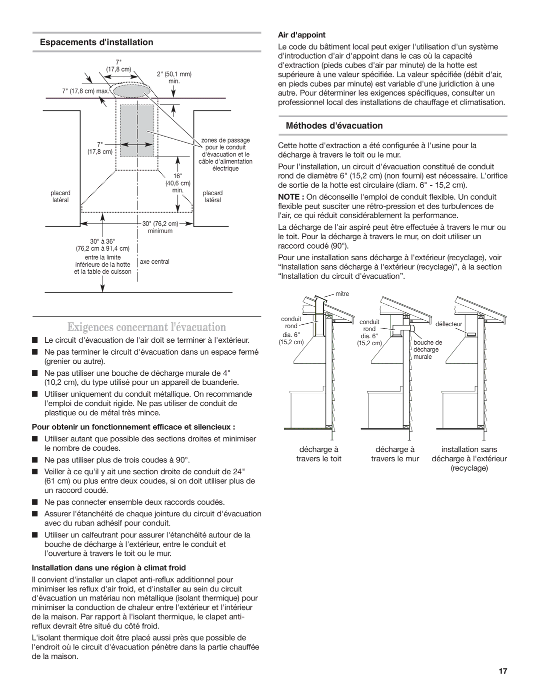 Whirlpool IH7302RS0 Exigences concernant lévacuation, Espacements dinstallation, Méthodes dévacuation 