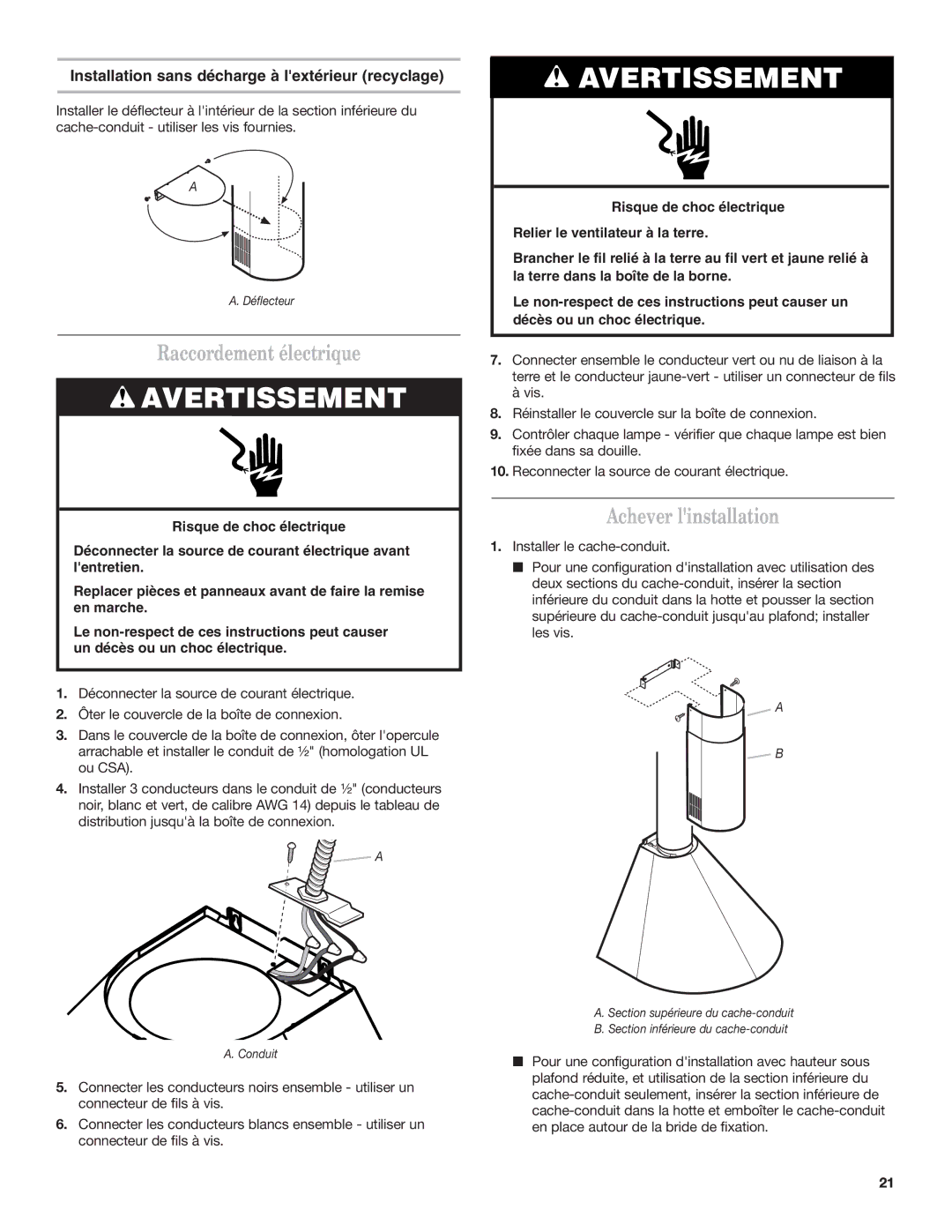 Whirlpool IH7302RS0 Raccordement électrique, Achever linstallation, Installation sans décharge à lextérieur recyclage 