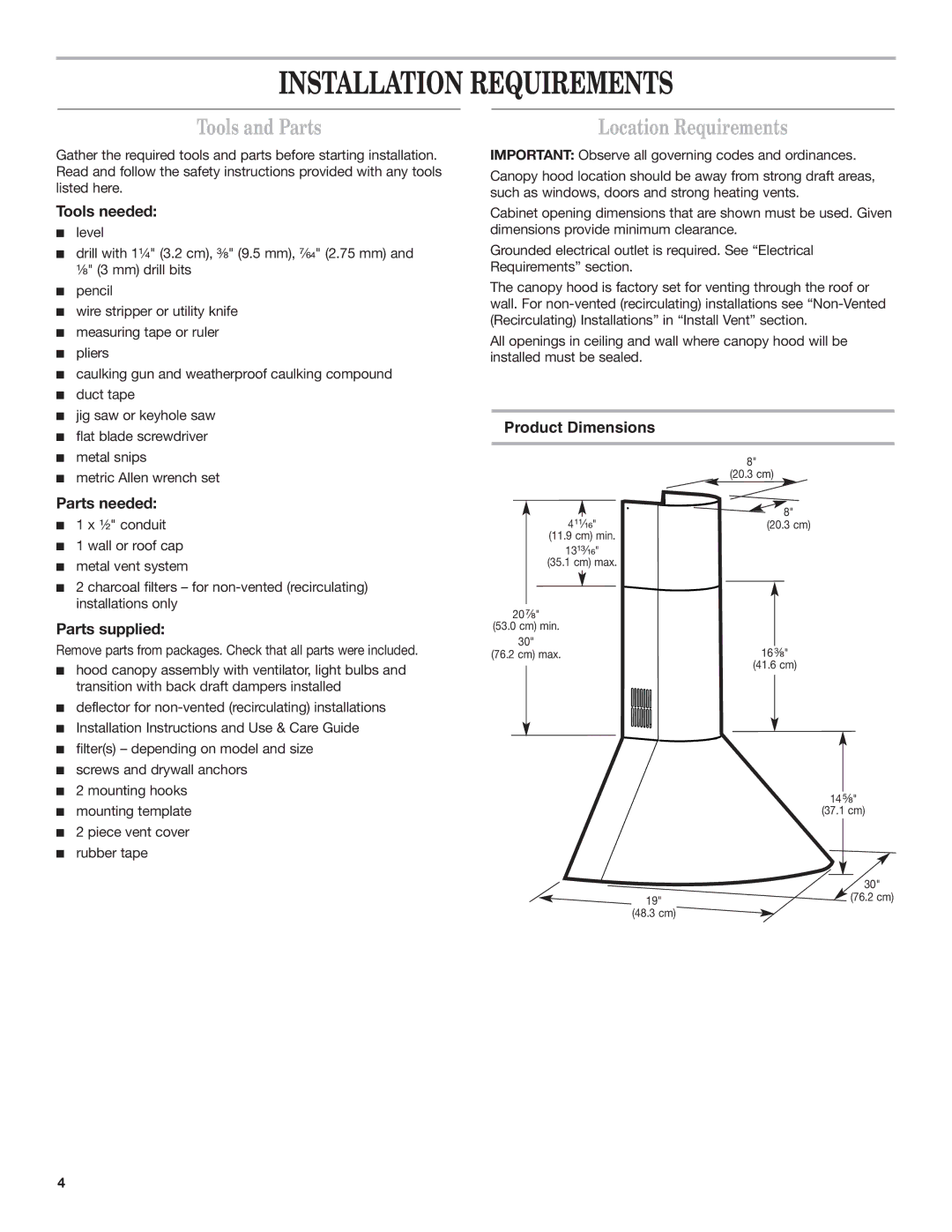 Whirlpool IH7302RS0 Installation Requirements, Tools and Parts, Location Requirements, Product Dimensions 