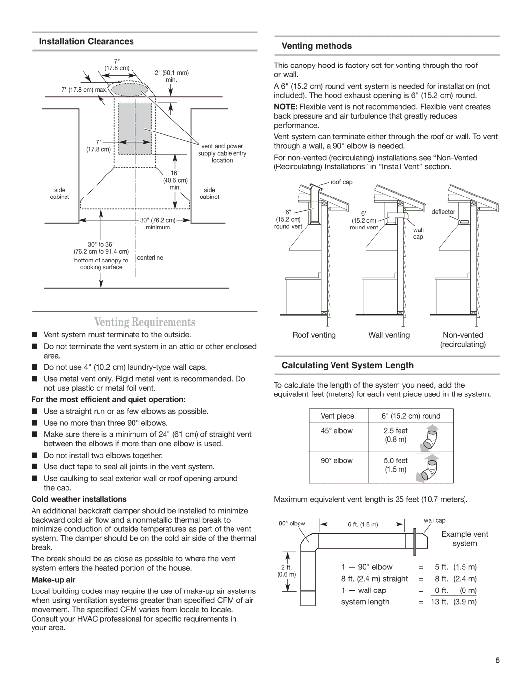 Whirlpool IH7302RS0 Venting Requirements, Installation Clearances, Venting methods, Calculating Vent System Length 