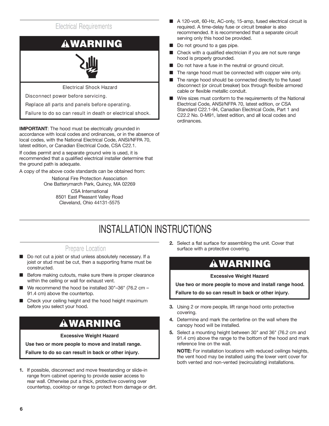 Whirlpool IH7302RS0 installation instructions Installation Instructions, Electrical Requirements, Prepare Location 