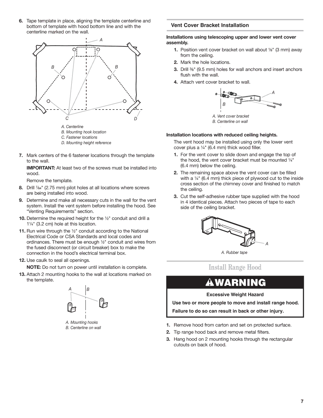 Whirlpool IH7302RS0 installation instructions Install Range Hood, Vent Cover Bracket Installation 