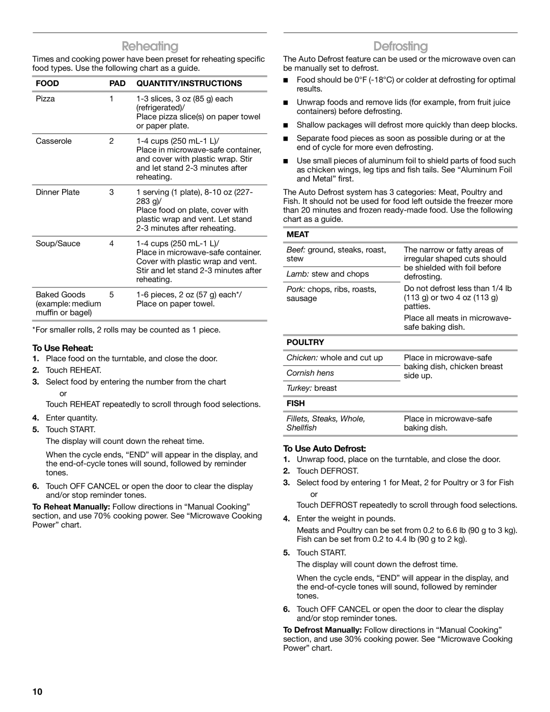 Whirlpool IMH16XS manual Reheating, Defrosting, To Use Reheat, To Use Auto Defrost 