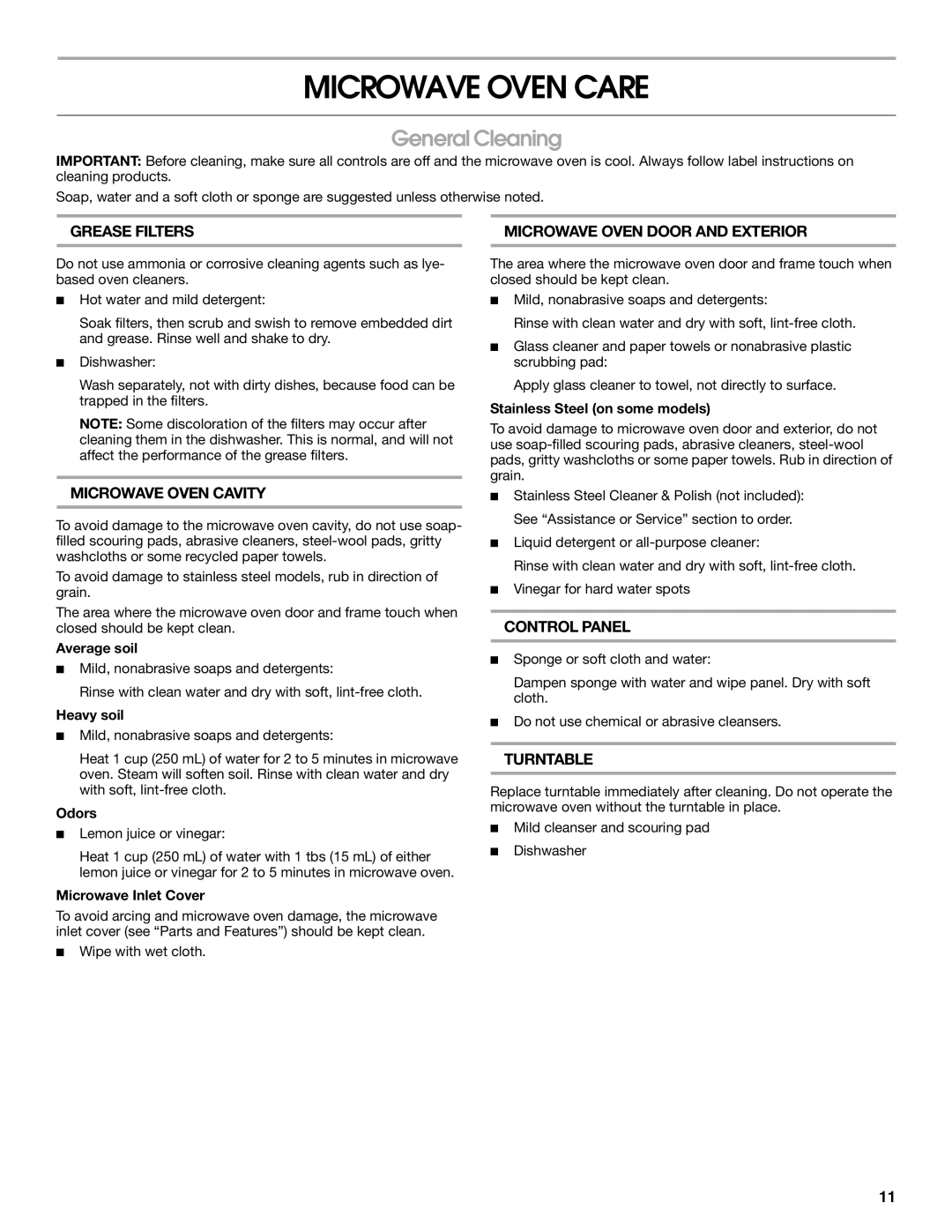 Whirlpool IMH16XS manual Microwave Oven Care, General Cleaning 