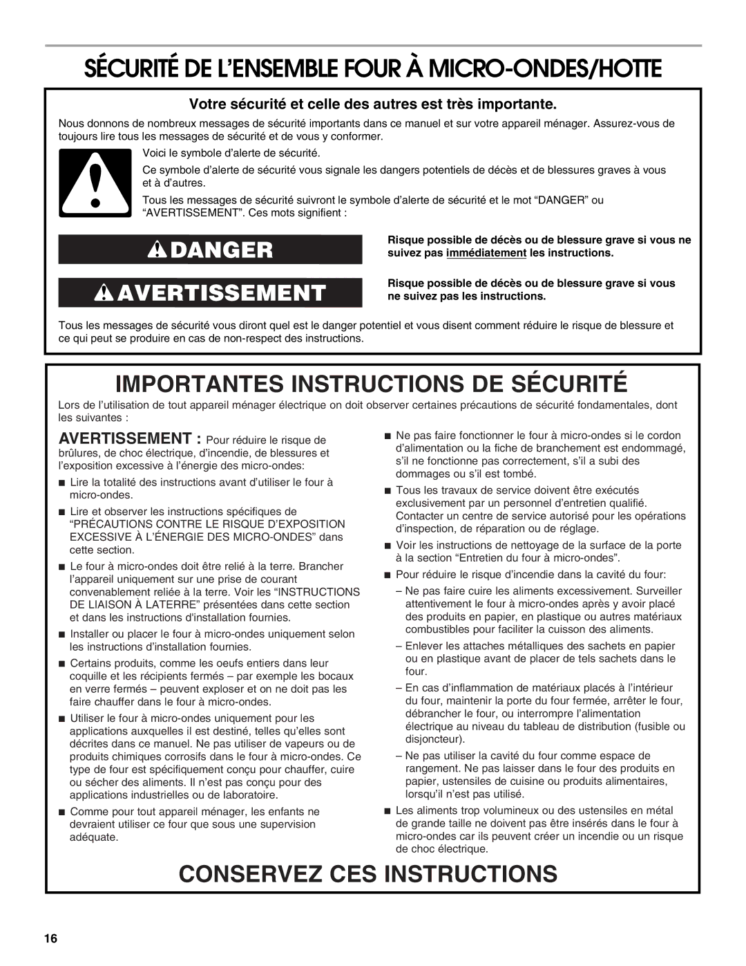 Whirlpool IMH16XS manual Conservez CES Instructions 