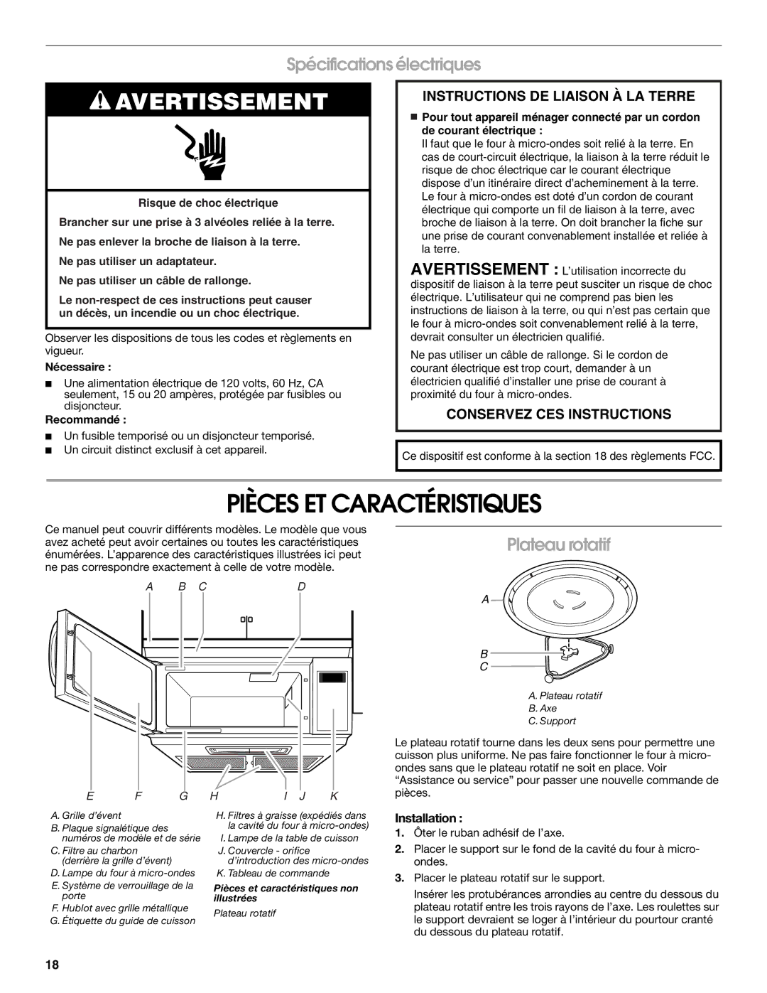 Whirlpool IMH16XS manual Pièces ET Caractéristiques, Spécifications électriques, Plateau rotatif, Installation 