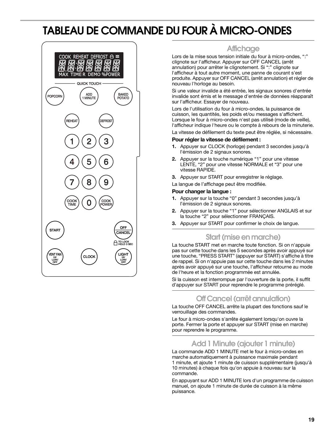 Whirlpool IMH16XS Tableau DE Commande DU Four À MICRO-ONDES, Affichage, Start mise en marche, Off Cancel arrêt annulation 