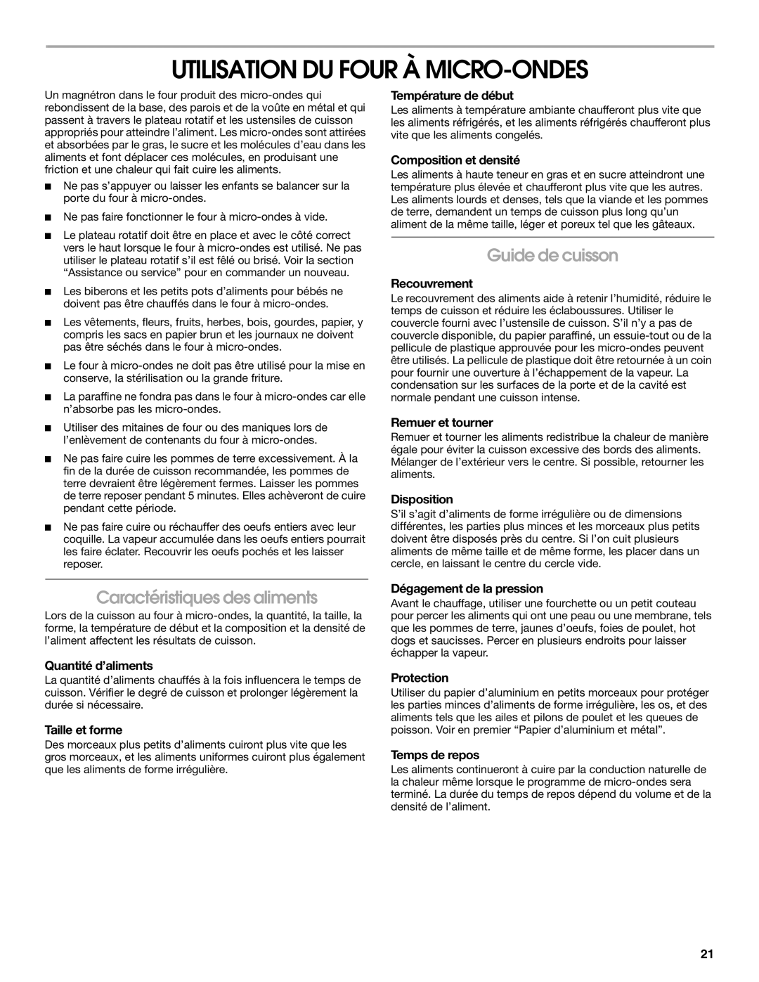 Whirlpool IMH16XS manual Utilisation DU Four À MICRO-ONDES, Guide de cuisson, Caractéristiques des aliments 