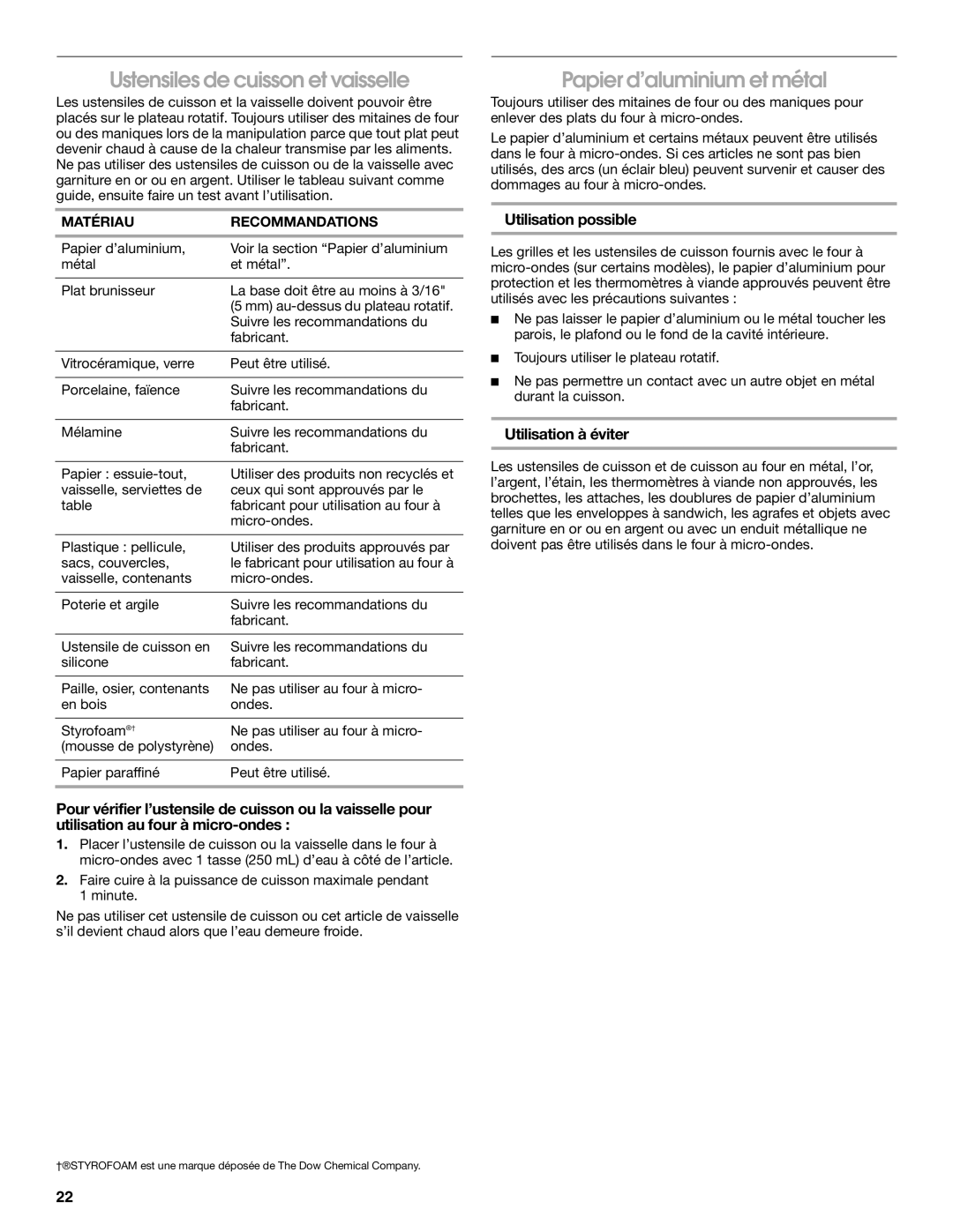 Whirlpool IMH16XS manual Ustensiles de cuisson et vaisselle, Papier d’aluminium et métal, Utilisation possible 