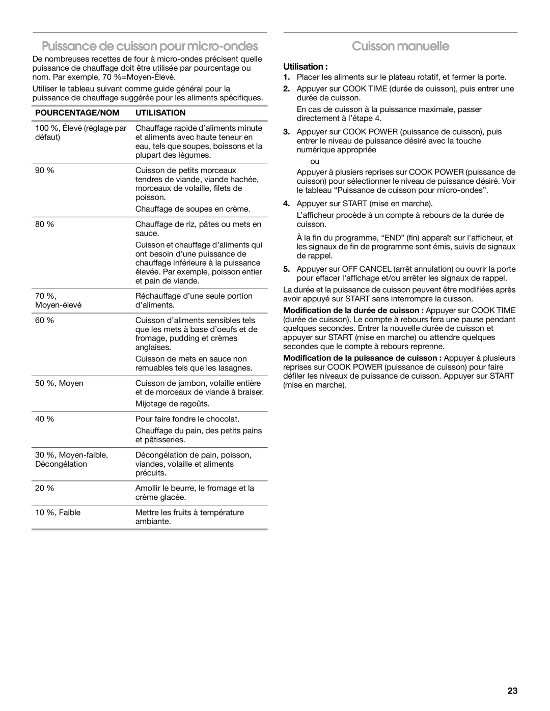 Whirlpool IMH16XS manual Puissance de cuisson pour micro-ondes, Cuisson manuelle, POURCENTAGE/NOM Utilisation 