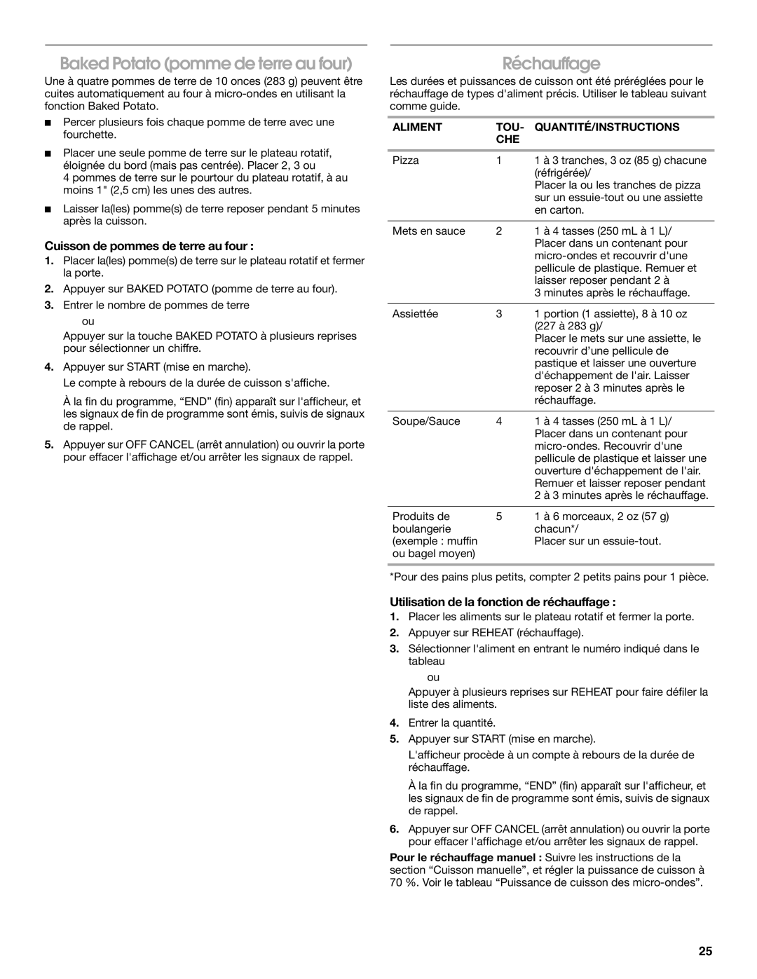 Whirlpool IMH16XS manual Baked Potato pomme de terre au four, Réchauffage, Cuisson de pommes de terre au four 