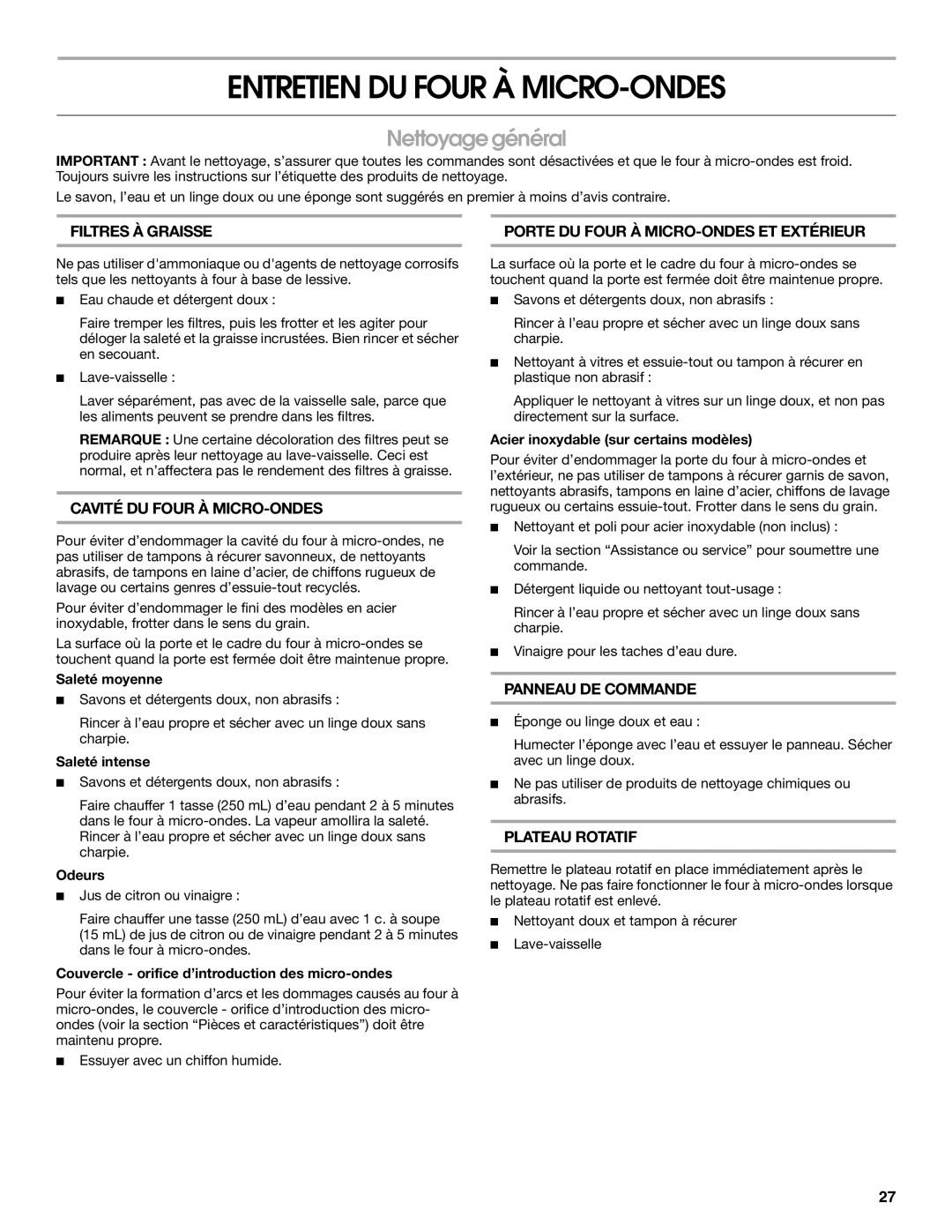 Whirlpool IMH16XS manual Entretien DU Four À MICRO-ONDES, Nettoyage général 