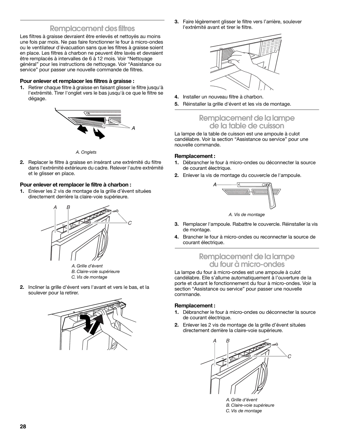 Whirlpool IMH16XS manual Remplacement des filtres, Remplacement de la lampe De la table de cuisson 