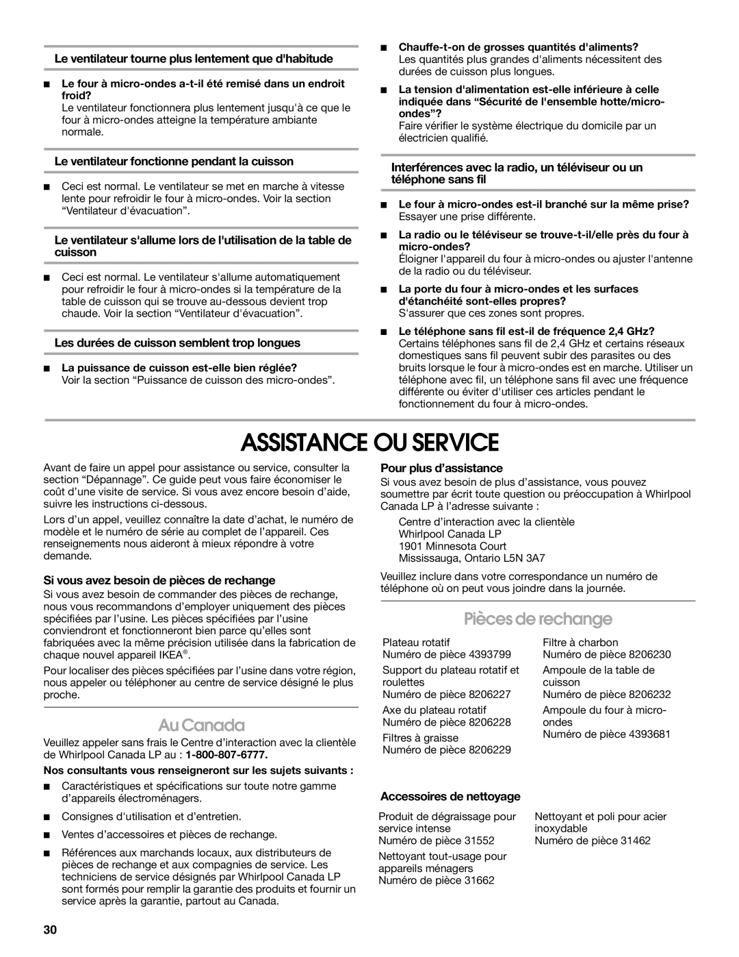 Whirlpool IMH16XS manual Assistance OU Service, Pièces de rechange, Au Canada 