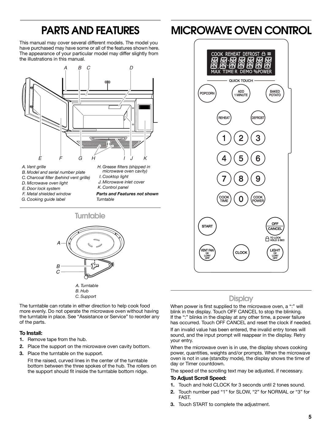 Whirlpool IMH16XS manual Parts and Features, Turntable, Display, To Install, To Adjust Scroll Speed 