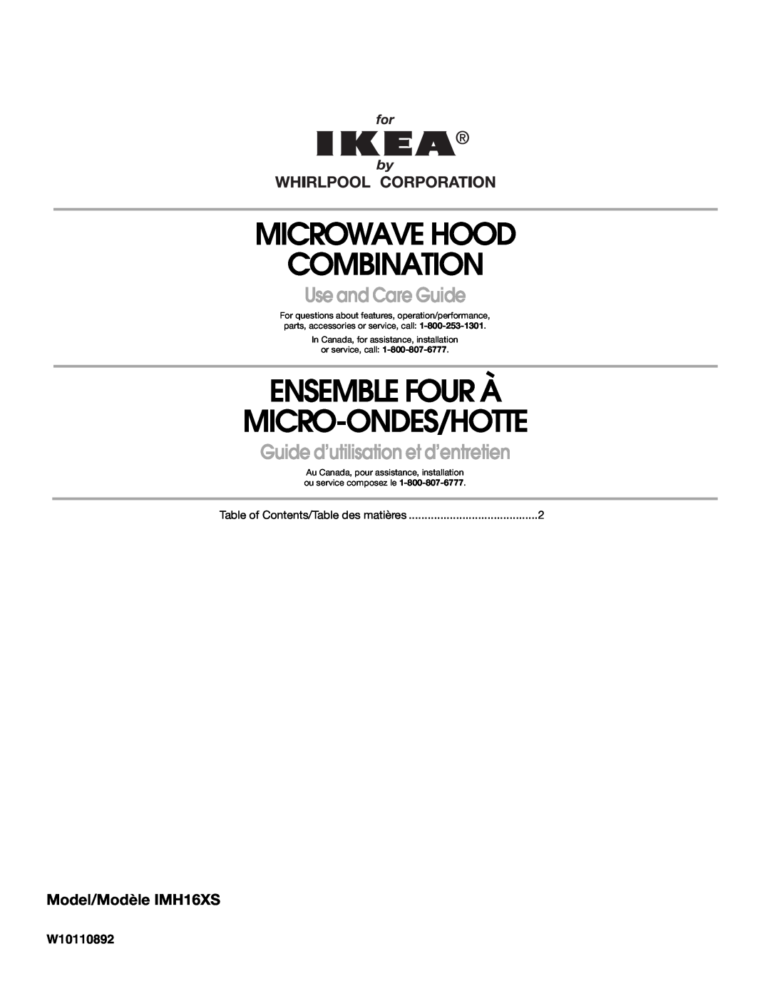 Whirlpool IMH16XS manual Microwave Hood Combination, Ensemble Four À Micro-Ondes/Hotte, Use and Care Guide, W10110892 