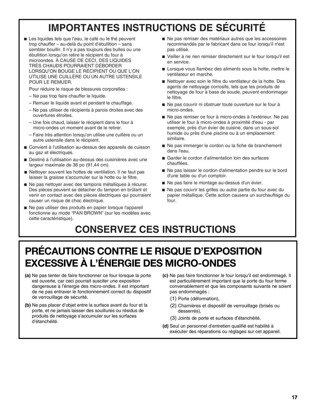 Whirlpool IMH16XS manual Importantes Instructions De Sécurité, Conservez Ces Instructions 