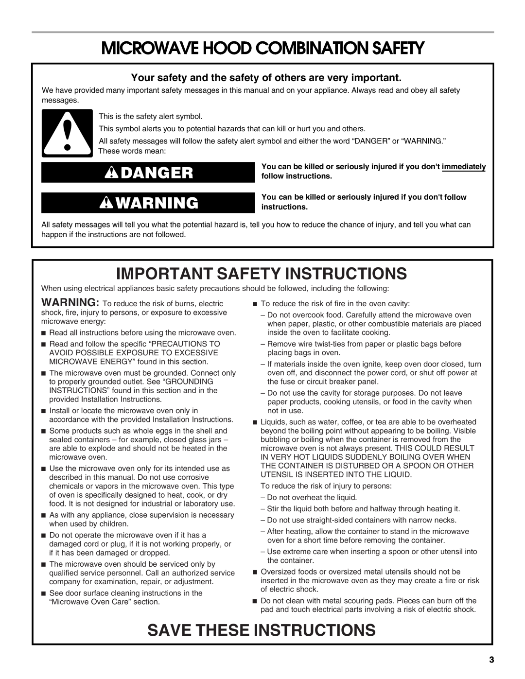 Whirlpool IMH16XS manual Microwave Hood Combination Safety, Important Safety Instructions, Save These Instructions, Danger 