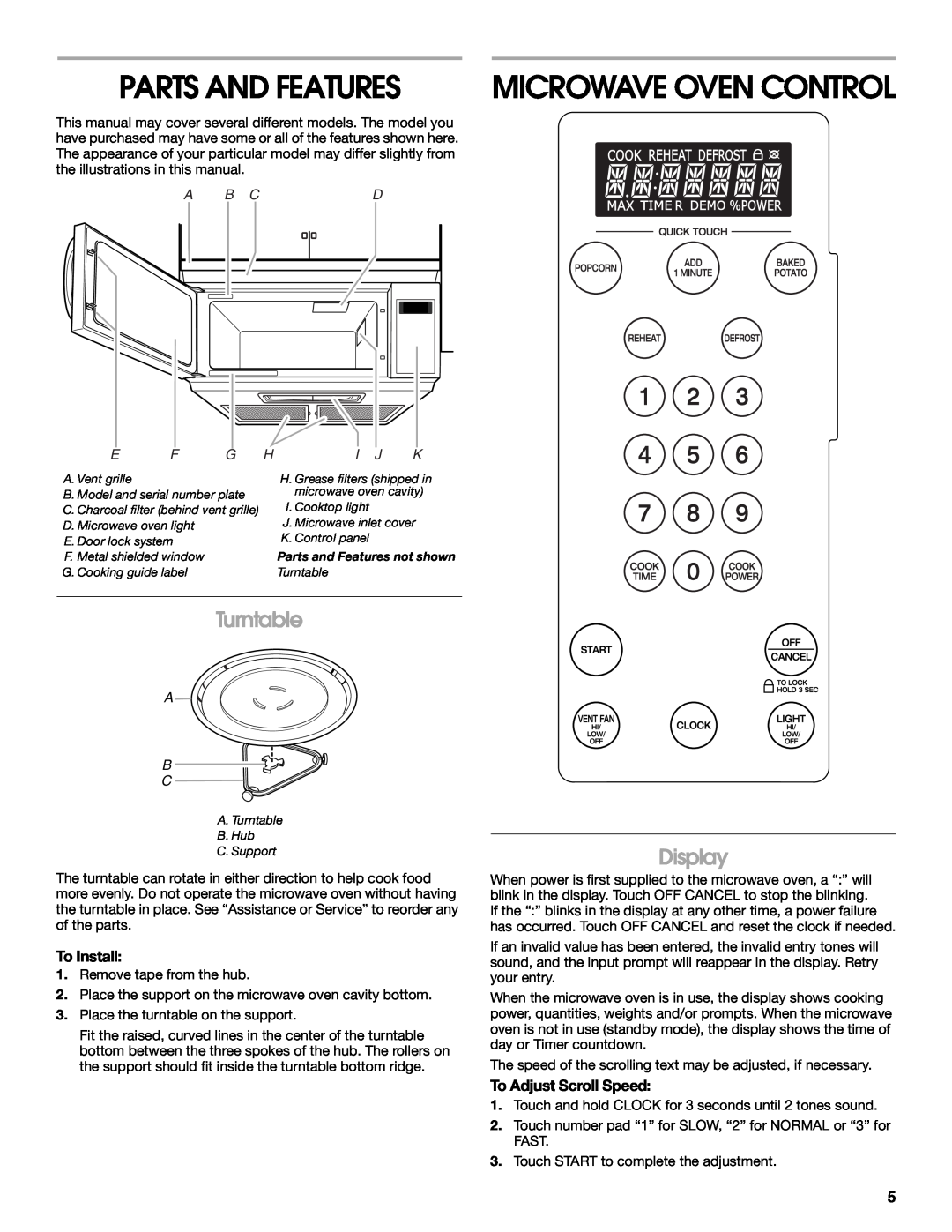 Whirlpool IMH16XS manual Parts And Features, Microwave Oven Control, Turntable, Display, To Install, To Adjust Scroll Speed 