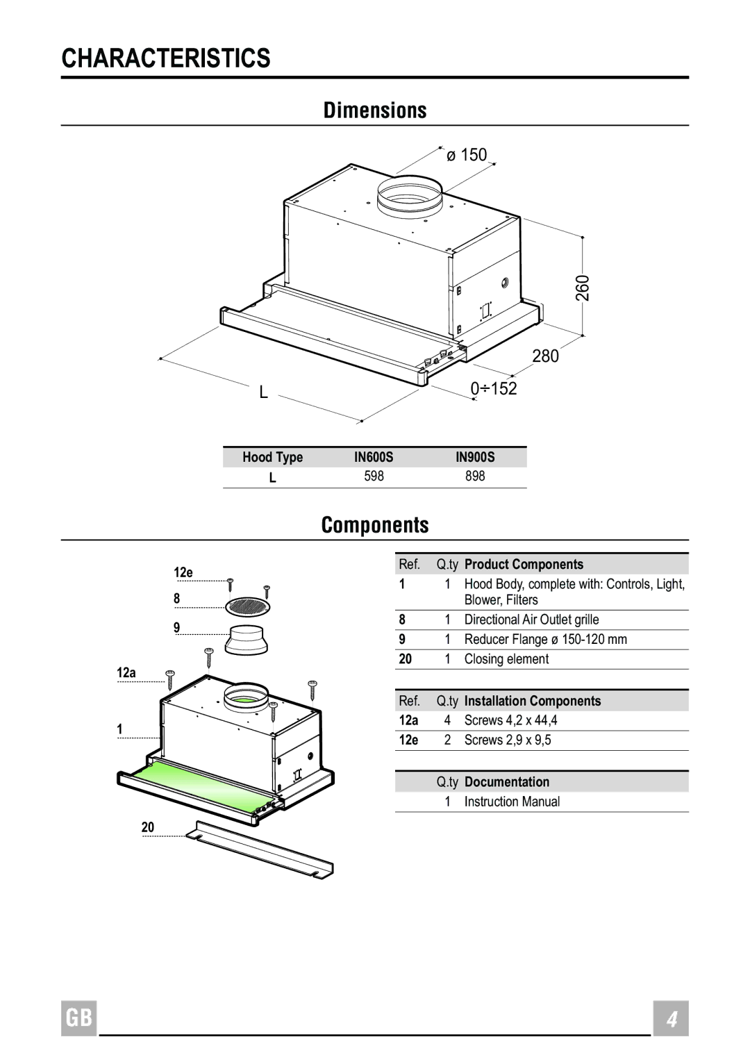 Whirlpool IN900S, IN600S instruction manual Characteristics, Dimensions, Components 