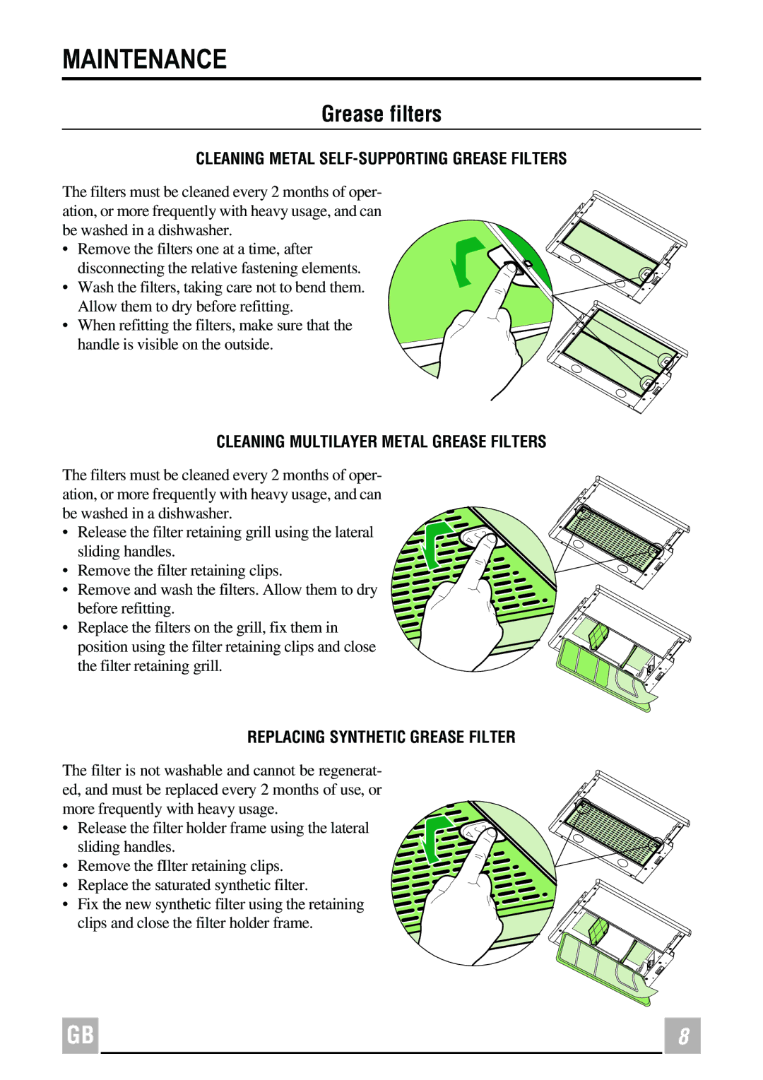 Whirlpool IN900S, IN600S instruction manual Maintenance, Grease filters, Cleaning Metal SELF-SUPPORTING Grease Filters 