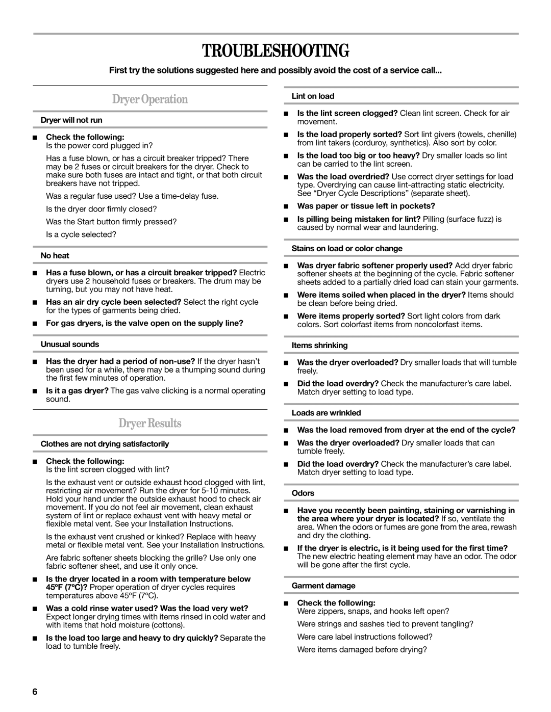 Whirlpool IP72001 Troubleshooting, Dryer Operation, Dryer Results, Lint on load Dryer will not run Check the following 