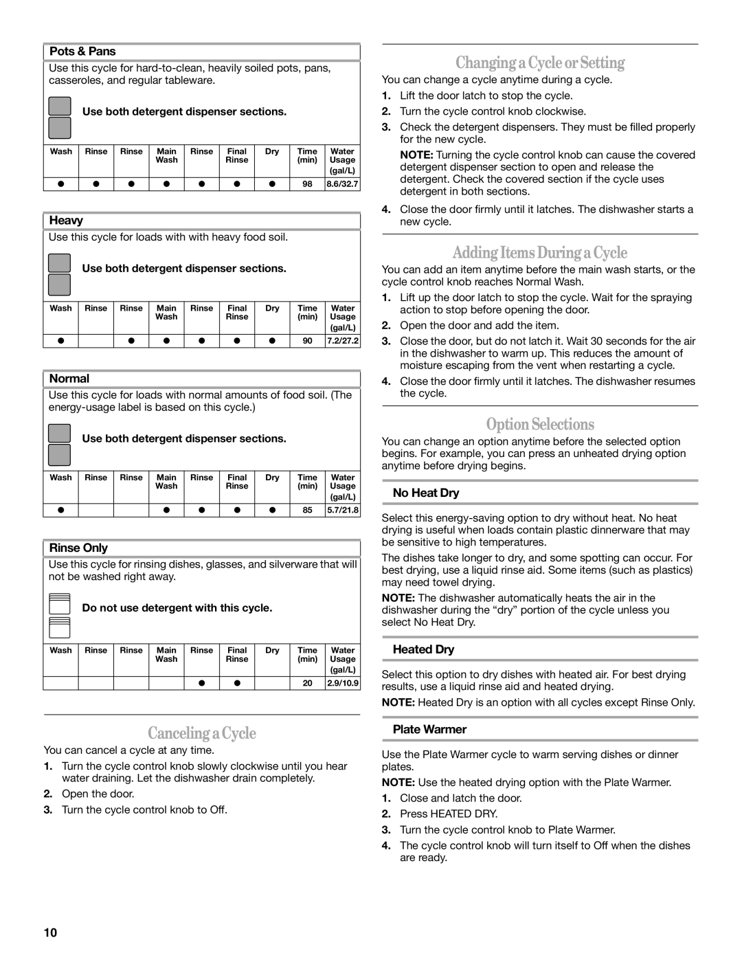 Whirlpool IRD4700 manual ChangingaCycleorSetting, AddingItemsDuringaCycle, OptionSelections, CancelingaCycle 