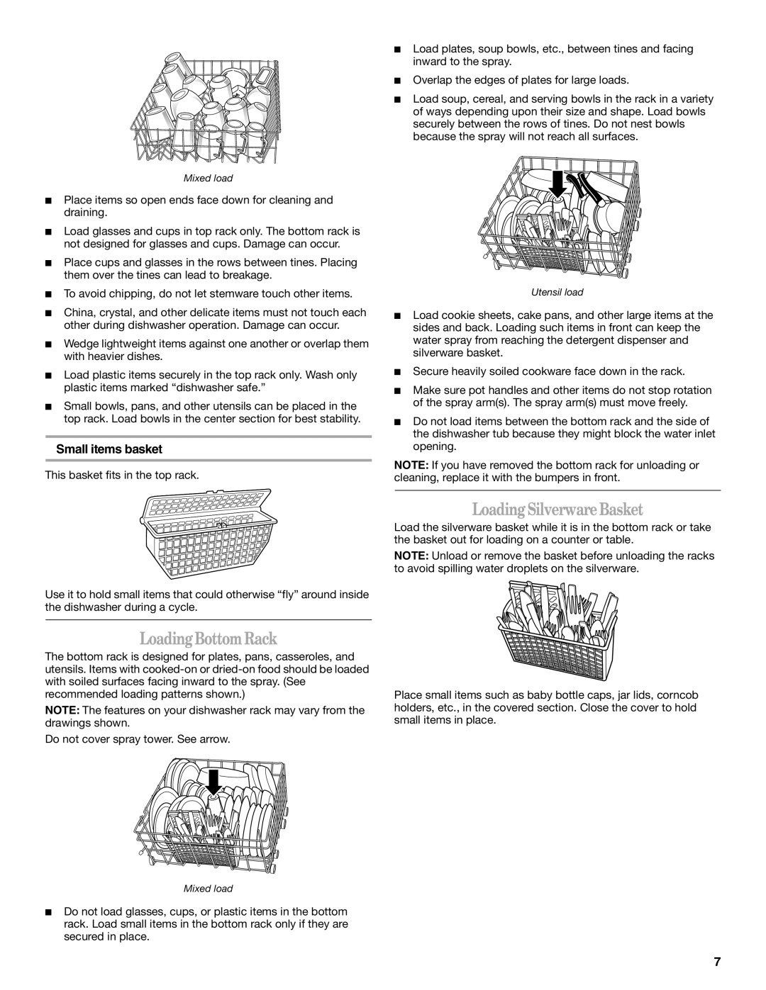 Whirlpool IRD4700 manual LoadingBottomRack, LoadingSilverwareBasket, Small items basket 