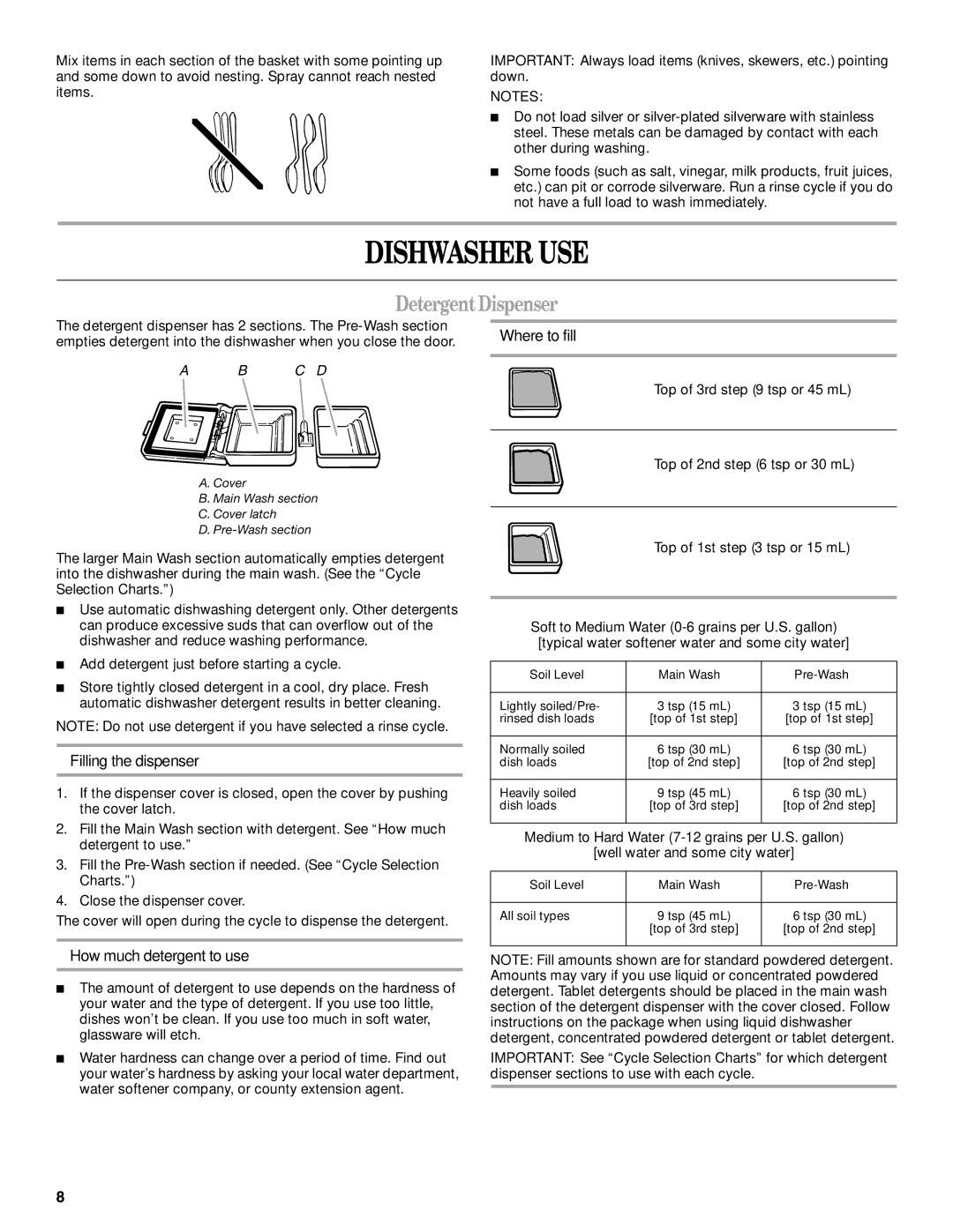 Whirlpool IRD4700 Dishwasher USE, DetergentDispenser, Filling the dispenser, How much detergent to use, Where to fill 