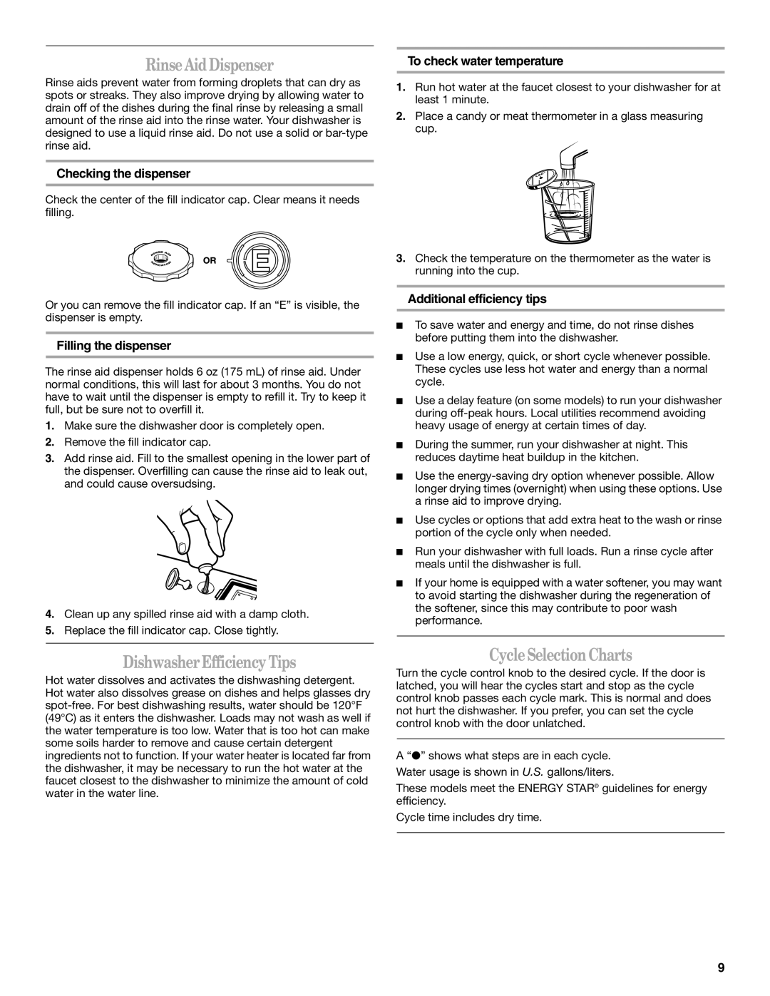 Whirlpool IRD4700 manual RinseAidDispenser, DishwasherEfficiencyTips, CycleSelection Charts, Additional efficiency tips 