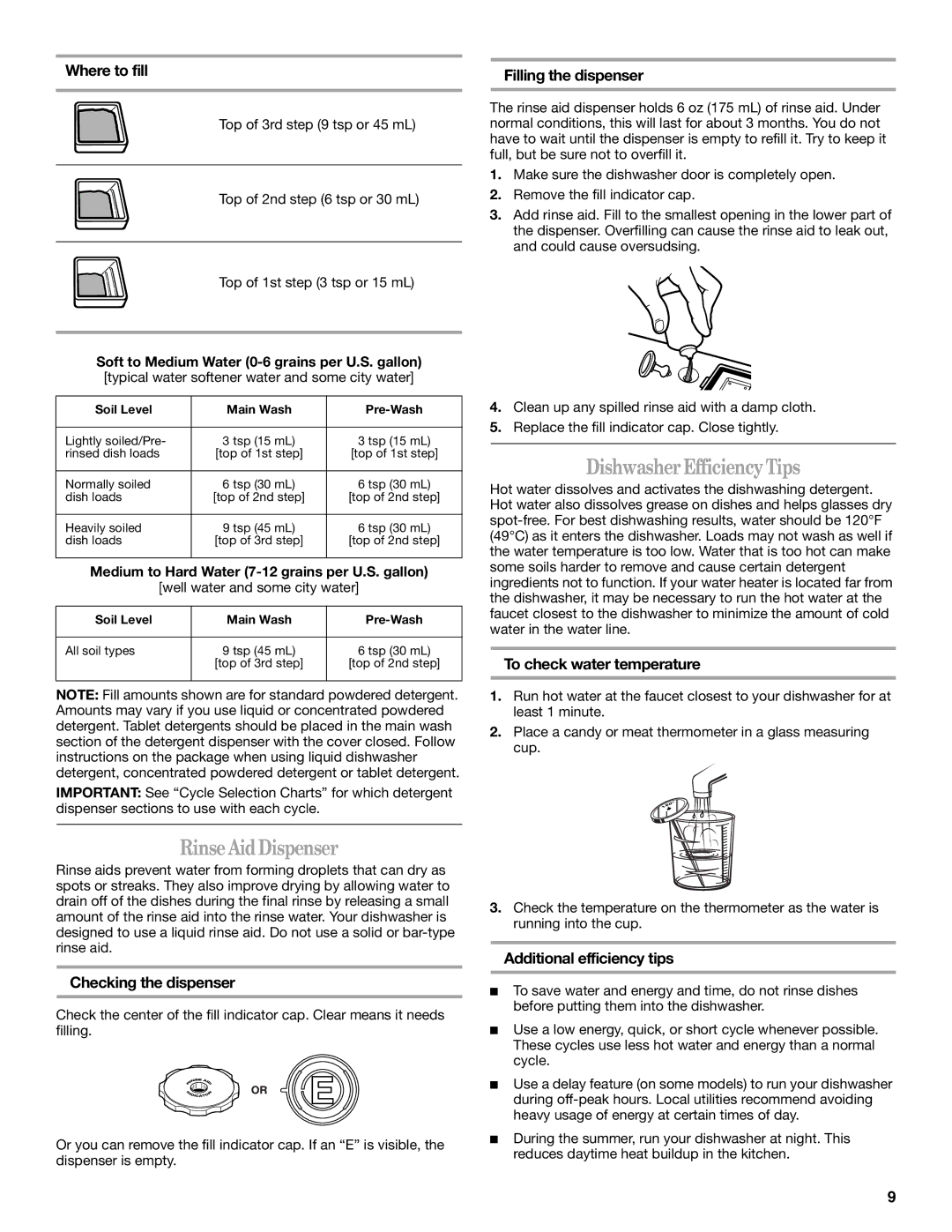 Whirlpool IRD6710, IRD6750 manual DishwasherEfficiencyTips, RinseAidDispenser 