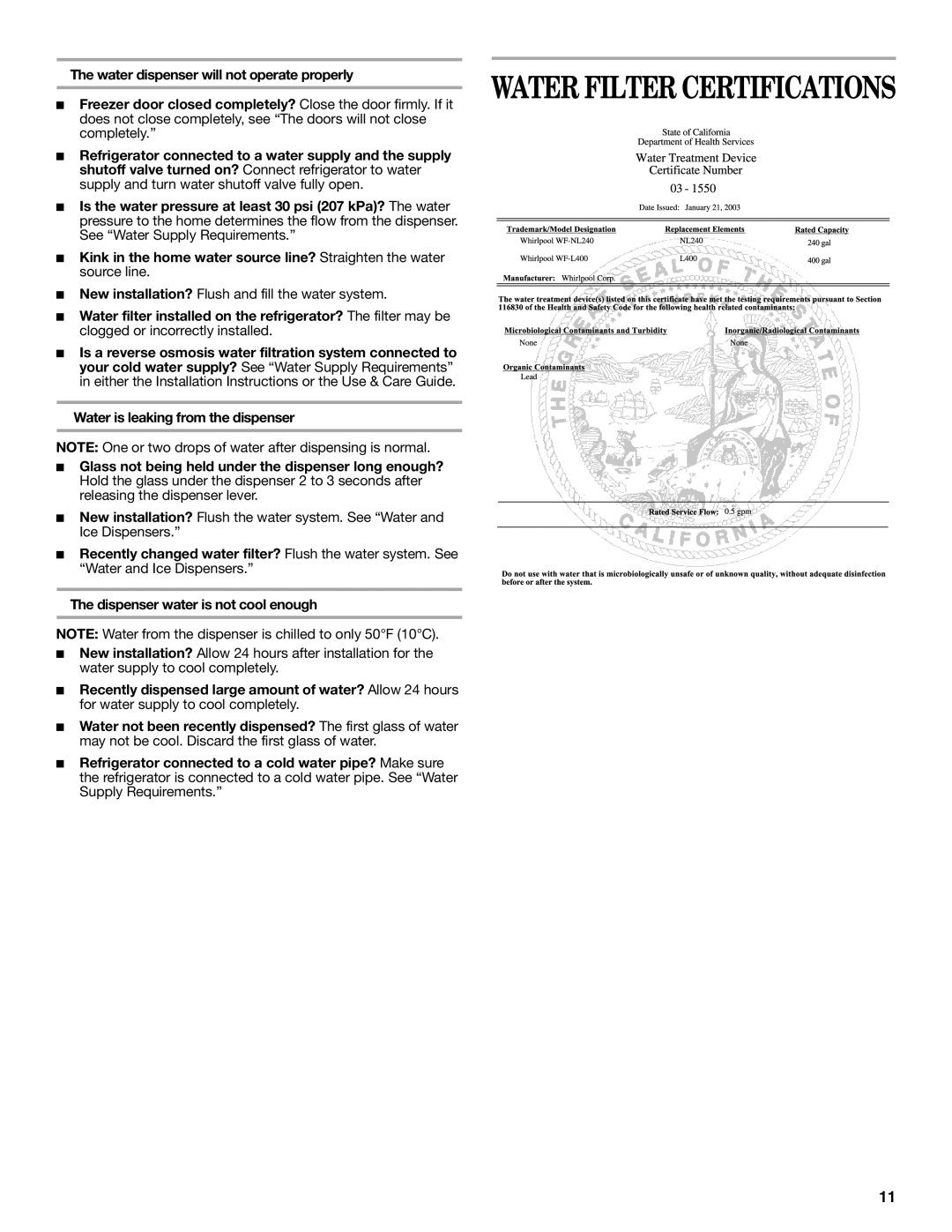 Whirlpool IS25CFXTQ00 warranty Water dispenser will not operate properly, Completely, Clogged or incorrectly installed 