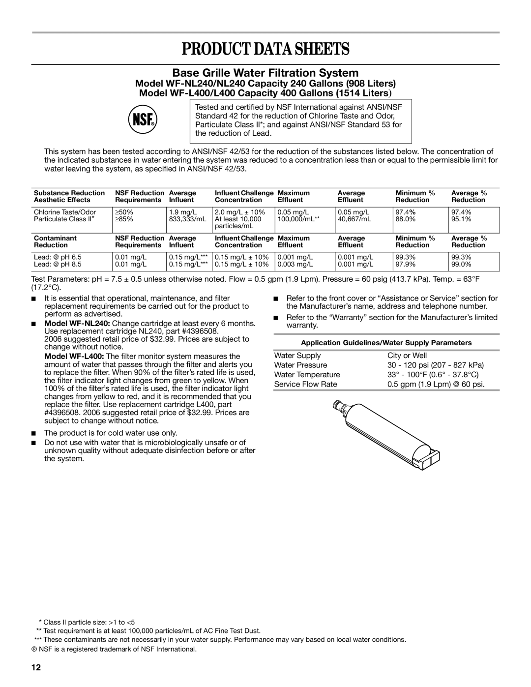 Whirlpool IS25CFXTQ00 warranty Product Data Sheets, Base Grille Water Filtration System 