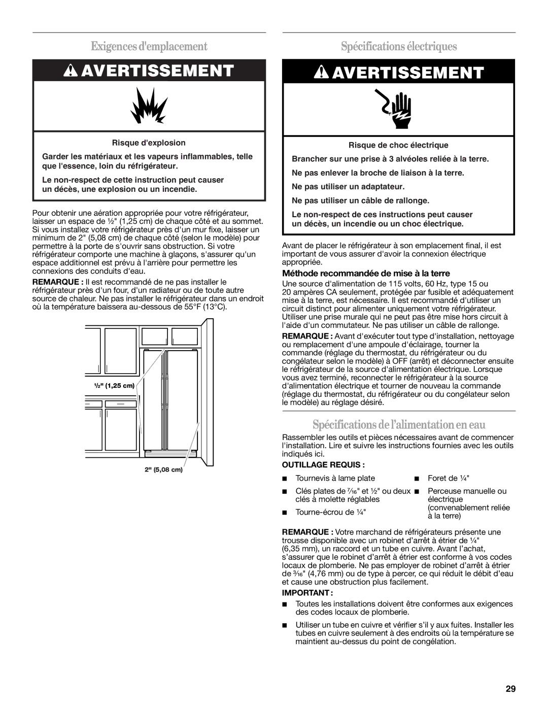 Whirlpool IS25CFXTQ00 warranty Exigences demplacement, Spécifications électriques, Spécifications del’alimentationen eau 