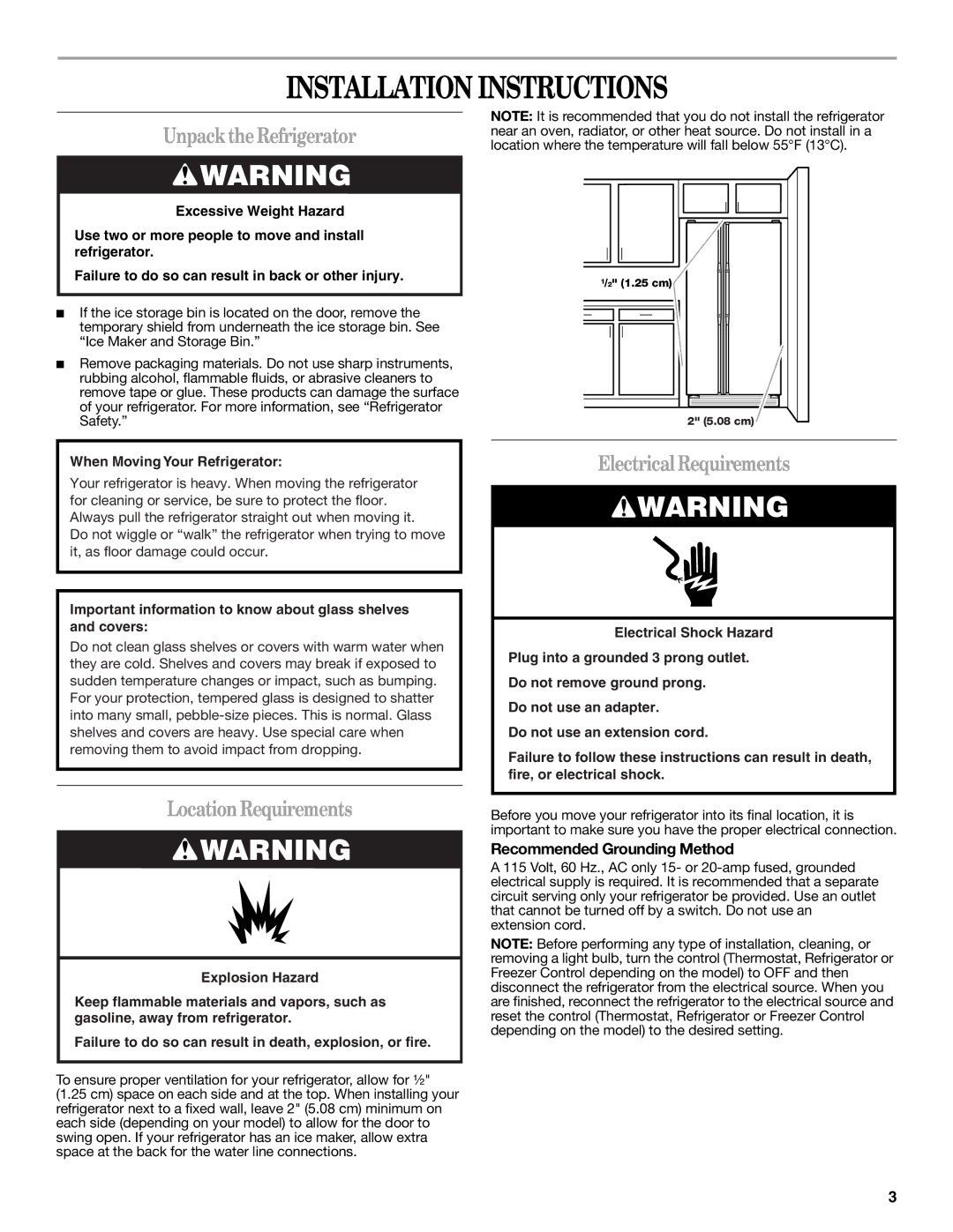 Whirlpool IS25CFXTQ00 Installation Instructions, UnpacktheRefrigerator, LocationRequirements, Electrical Requirements 