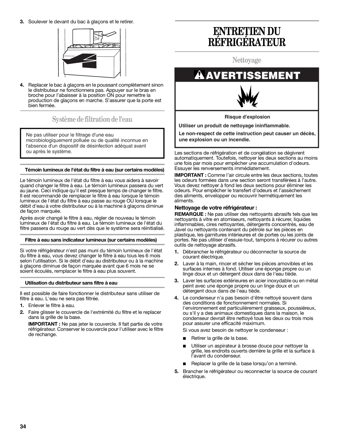 Whirlpool IS25CFXTQ00 warranty Entretien DU Réfrigérateur, Systèmedefiltrationdeleau, Nettoyage de votre réfrigérateur 