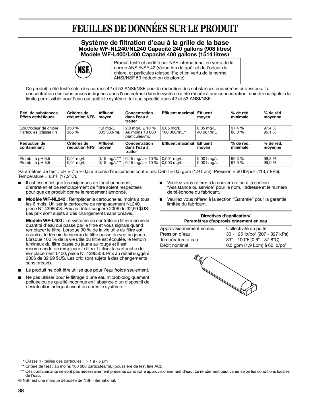 Whirlpool IS25CFXTQ00 warranty Feuilles DE Données SUR LE Produit, Système de filtration d’eau à la grille de la base 