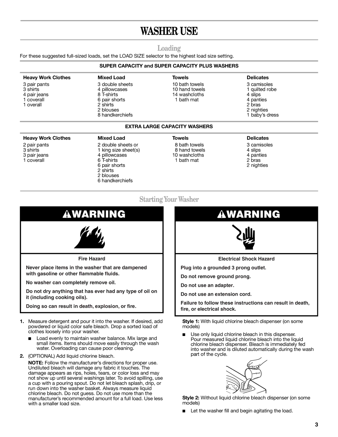 Whirlpool IS41000 warranty Washer USE, Loading, Starting Your Washer, Extra Large Capacity Washers 