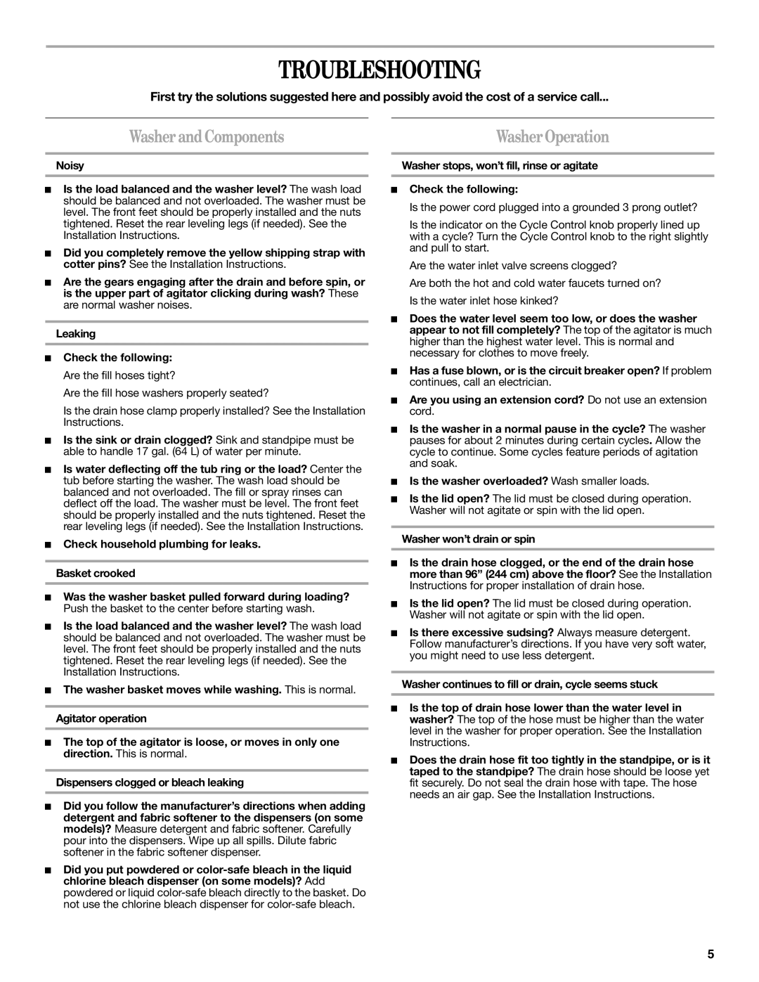 Whirlpool IS41000 warranty Troubleshooting, Washer and Components 