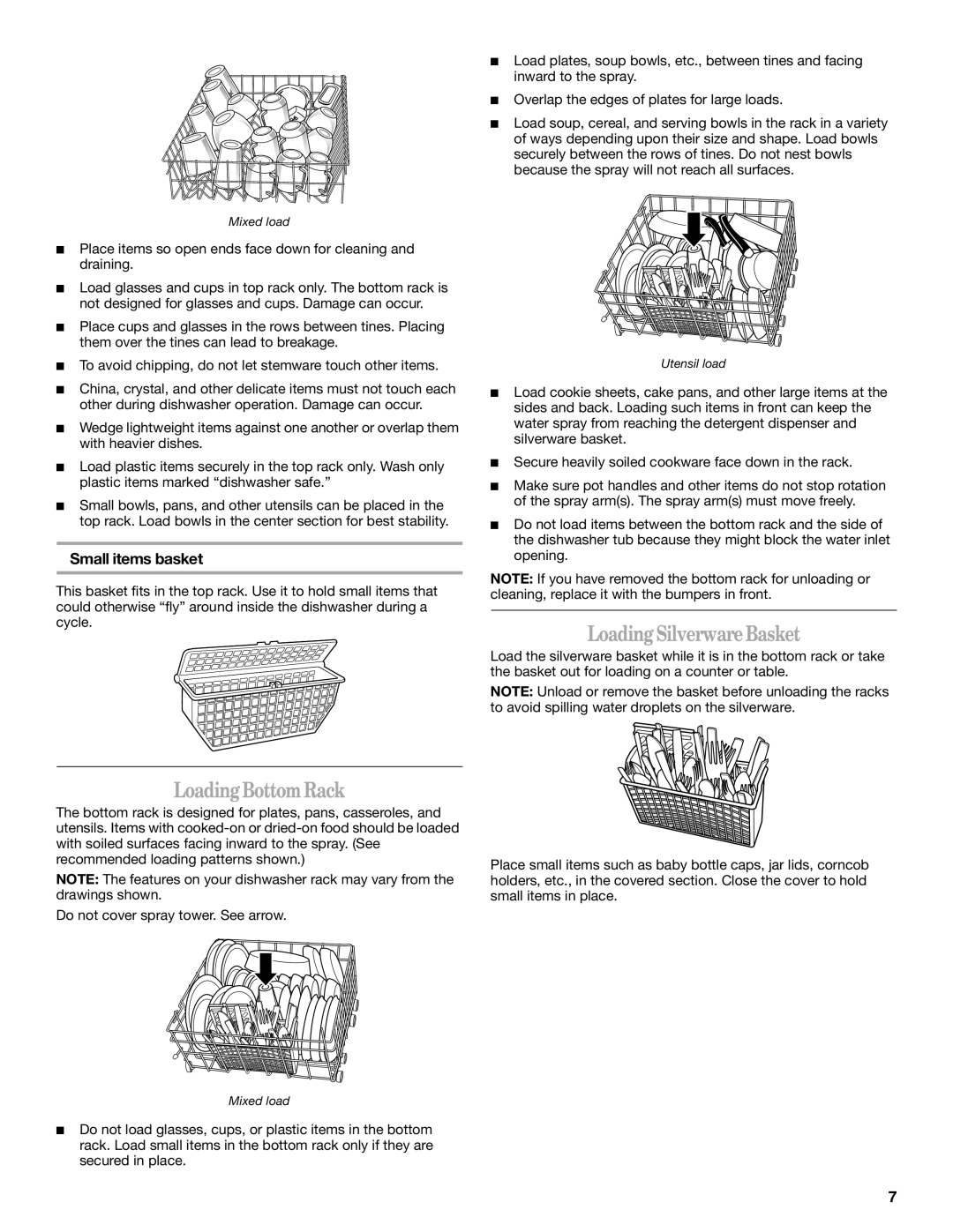 Whirlpool ISD4700 manual Loading Silverware Basket, Loading Bottom Rack, Small items basket 