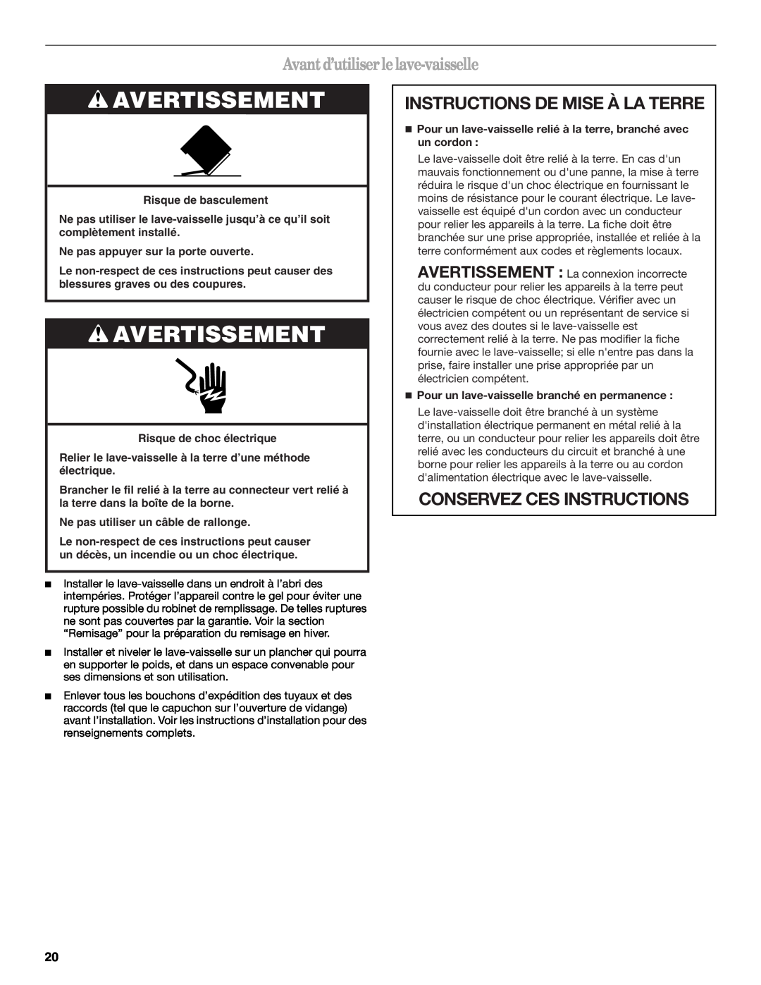 Whirlpool ISU5846 manual Avertissement, Avantd’utiliserlelave-vaisselle, Instructions De Mise À La Terre 